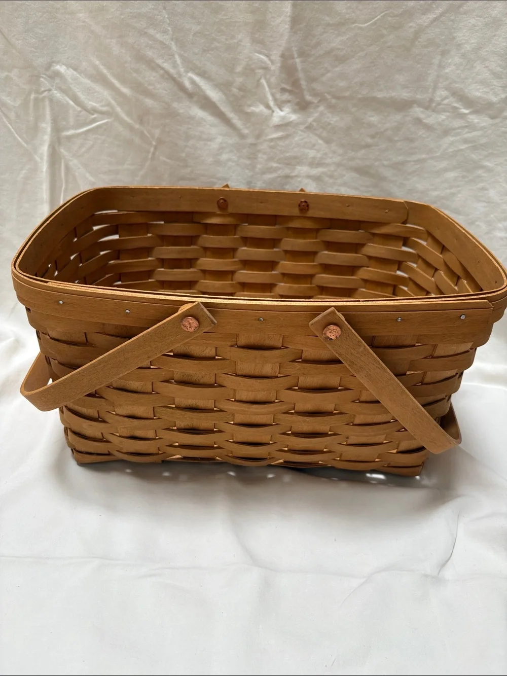 Longaberger wood market basket with hinged handles and plastic inserts
